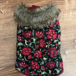 Friends Forever Floral Print Dog Jacket with Faux Fur Collar Size S